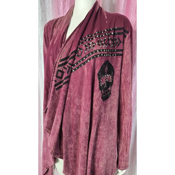 Vocal Skull Crystal Maroon Aztec Fringe Cotton Cardigan Jacket Size Medium - Picture 6 of 16